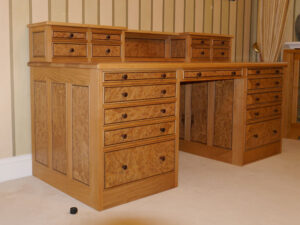 Oak and Burr Oak Double Pedestal Desk with American Black Walnut Detail